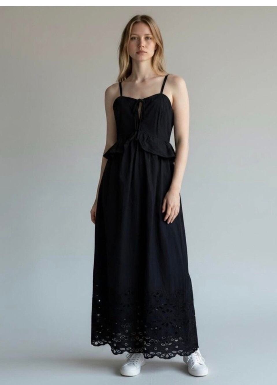 NWT Caroline Constas Black Eyelet Hem Maxi Dress Small Cotton Peplum